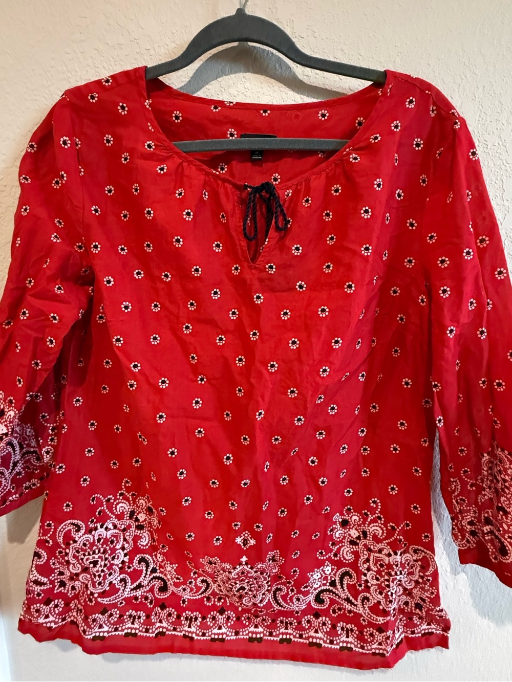 Talbots Red Cotton Bandana Print Tassel Boho Blouse